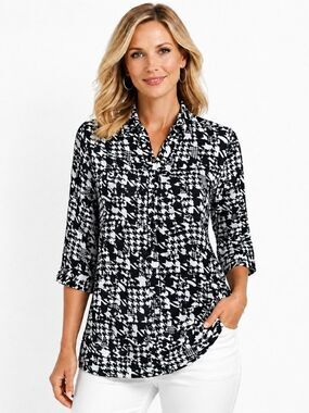 Chico’s Tunic Size 2 (12) Houndstooth Lightweight Flowy Hi-Lo Hem